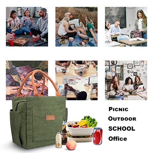 Joymee Lunch Bag Women Insulated Lunch Box Reusable Leakproof Large Spacious Cooler Tote for Womens Mens Adults with Bottle Holder and Side Pockets for Work Office Travel Picnic - Green 7