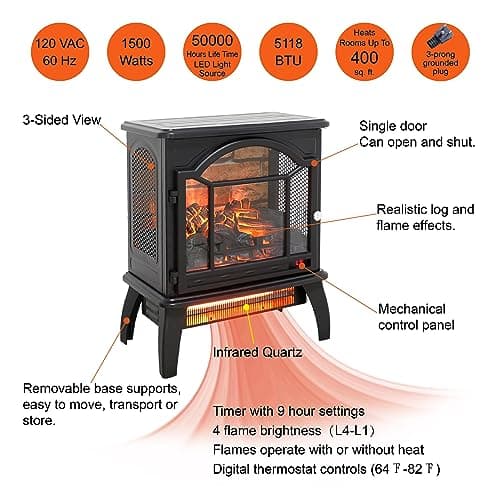 18'' Electric Fireplace Infrared Heater with Remote Control, 3D Flame Effect, Adjustable Brightness & Heat, 1500W Freestanding Stove, Black 7