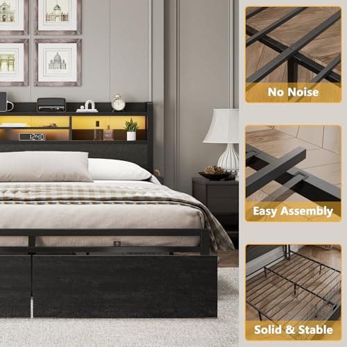 Furnulem Full Size Bed Frame with Wood Headboard, Metal Platform Bed Frame Full Size with 2 Storage Drawers and Shelf, LED Lights and Charging Station, No Box Spring Needed, Noise Free, Black 6