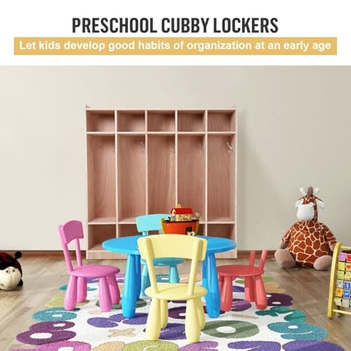 Garvee 5-Section Classroom Coat Locker, 10 Cubbies w/Anti-tip Kit for Classrooms, Daycare Cubby with 4 Casters, 5 Hooks & 2 Storage Boxes, for Home, School, Kindergarten 5