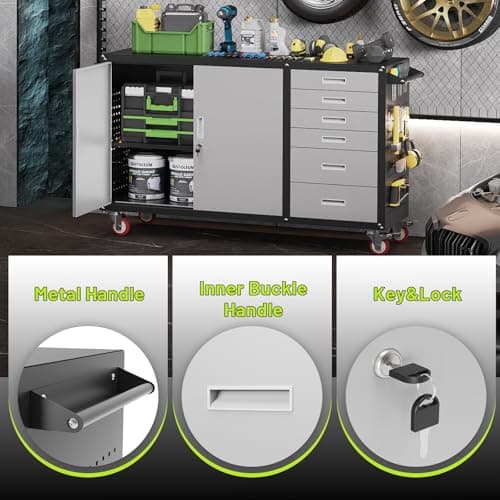 Rumetol 55"W Heavy Duty Rolling Workbench with Drawers and Storage,1000 LBS Capacity Work Bench with Lockable Cabinet & Adjustable Shelf,Garage Workbench with Pegboard & Wheels for Garage/Repair Shop 5