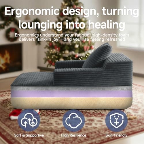 45'' Chaise Lounge Chair Indoor, Corduroy Upholstered Boneless Sofa Bed, Deep Seat Sleeper Couch Reading Chairs, Small Comfy Cloud Sofas Couches for Living Room, Bedroom, Movie Room (Dark Grey) 5