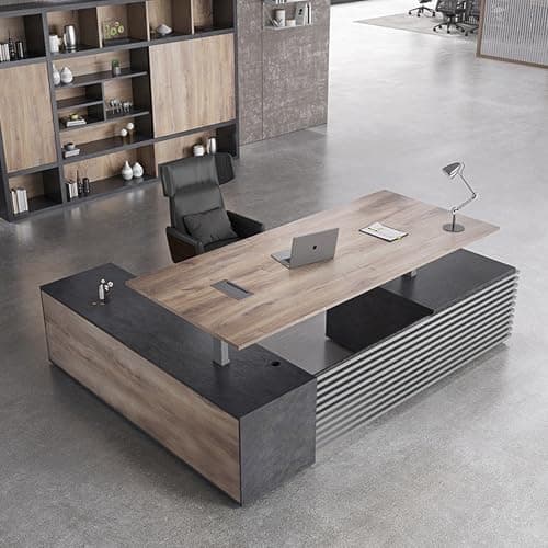 78.74IN Adjustable Heigh L Shaped Executive Desk with Drawers, Modern Executive Standing Home Office Desk w/Universal Charging Ports, Large Business Workstation w/Cord Management,Black and Warm Oak