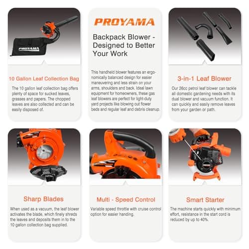 PROYAMA Gas Powered Leaf Blower, 3-in-1 26cc 2-Cycle Handheld Leaf Blower & Leaf Vacuum Mulcher, 412 CFM 200 MPH Cordless Blower with 10 Gallon Collection Bag for Lawn Yard Blowing Snow Dust Debris 6