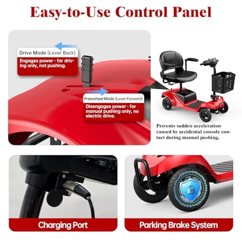 Mobility Scooter for Adults,4 Wheel Mobility Scooter,15 Miles Range,300LBS Capacity,Lightweight and Portable,with LED Headlights and Basket,Charger Included,Gifts Suitable for Elders,red 6