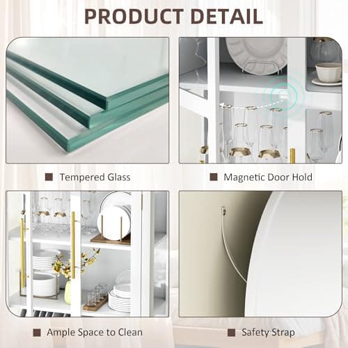 Vlsrka 71 Inch Arched Curio Cabinet, 4-Tier Display Cabinet and 2 Drawers, Tall Bookcase with 3 Color Lights, Display Case with Glass Doors, Kitchen Pantry, White 8