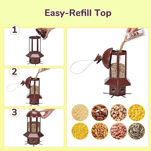 Professional Squirrel Proof Bird Feeders - Sorflife Large Capacity 5.06 lbs, Reliable and Rust Resistant Metal Bird Feeding Station for Prevents Squirrels from Stealing Food and Easy Refilling Brown 8