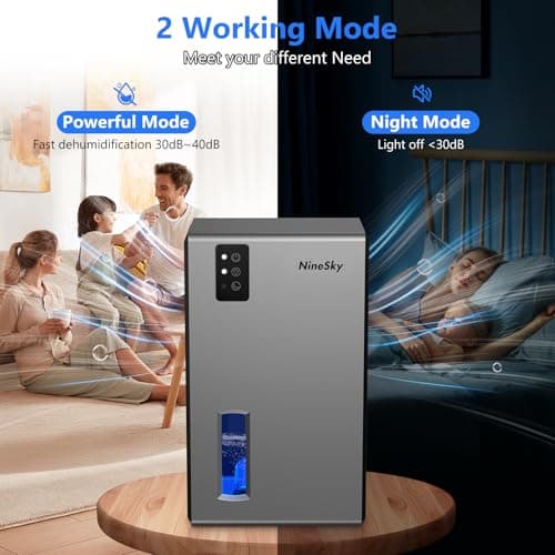 NineSky Dehumidifier,98 OZ Dehumidifiers for Home,(1100 sq.ft) Dehumidifiers for Basement Bathroom Bedroom with Auto Shut Off, Switchable 7 Colors Light(Gray) 5