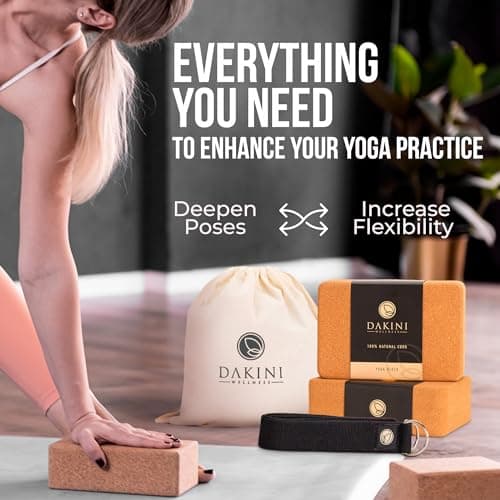 Cork Yoga Blocks 2 Pack with Strap- 9x6x3 Inch Natural Yoga Block Set of 2- Pilates Props and Accessories - High Density Cork Bricks For Exercise (Natural Cork, Blocks with Strap and Bag) 5