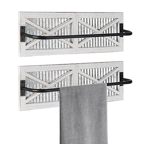 Butizone Bathroom Towel Rack, Rustic Towel Rack Wall Mounted, Small Farmhouse Bath Towel Storage Rack with Weathered Wood and Corrugated Galvanized Metal, for Hanging Towels and Hand Towels, White