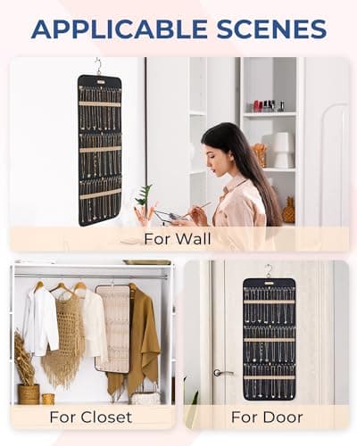 BAGSMART Hanging Necklaces Organizer Jewelry Holder Storage Roll with Hanger Metal Hooks Double-Sided Jewelry Organizer for Necklaces, Bracelets on Closet, Wall, Door, 1 piece, Large Black 6