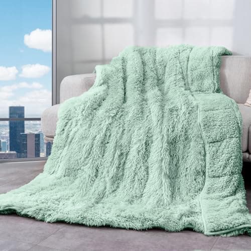 Cottonblue Adults Weighted Blanket 15lbs 60x80 inches for Queen Bed, Faux Fur Sherpa Weighted Blanket for Sofa Couch Bed, Plush Cozy Bed Blanket with Ceramic Beads for Calm and Relax,Sage Green