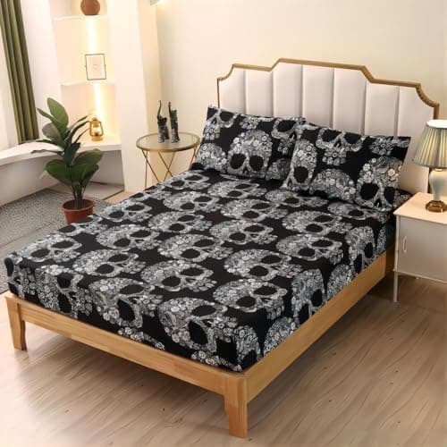 SDIII Gothic Skull Queen Fitted Sheet with 2 Pillowcases, Not Including Flat Sheet, Soft Microfiber Deep Pocket Halloween Goth Bedroom Decor Queen