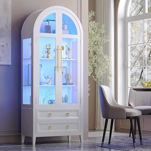 Vlsrka 71 Inch Arched Curio Cabinet, 4-Tier Display Cabinet and 2 Drawers, Tall Bookcase with 3 Color Lights, Display Case with Glass Doors, Kitchen Pantry, White