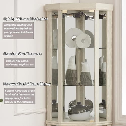 XZTUAJ 69" H Lighted Curio Cabinet Corner Display Case, Corner Glass Case with Adjustable Shelves and Tempered Glass, Wooden Curio Cabinet w/Mirrored Back Pane for Living Room 5