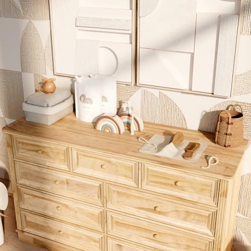 Homsee Baby Changing Table Dresser, 100% Solid Wood Infant Diaper Changing Station Combo, 9-Drawer Baby Nursery Dresser with Removable Tray for Children's Room Bedroom, Nature Color 55.1"W 5
