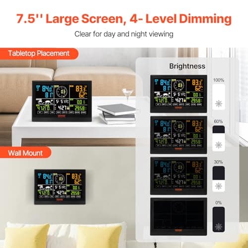 VEVOR YT60234 WiFi Weather Station 7-in-1, Weather Stations WiFi Indoor Outdoor, 7.5" Color Display for Weather Forecast, Temperature, Humidity, UV, Air Pressure, Wind Speed&Direction, Rain, Alarm 6