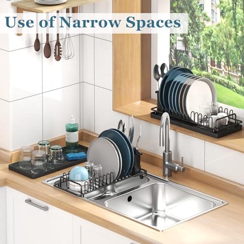 XYZLVSI Compact Small Dish Rack Sink Drying Rack with Silicone Mat, Stainless Steel Dish Drainer for Kitchen Cabinet, Kitchen Sink Rack,Dish Holder, Black 7