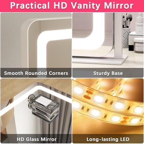 ROLOVE 22x17 Inch Lighted Vanity Mirror with Dimmable LED Lights - 3 Color Modes, Smart Touch Control & 360° Rotating Base - Desk Makeup Mirror (White) 7