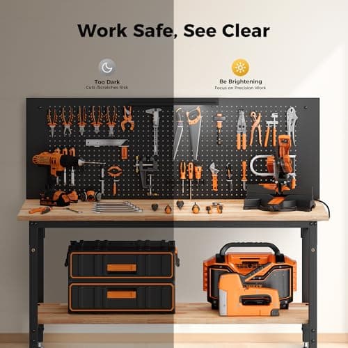 CAMMOO 60" Work Bench Adjustable Height with Storage Shelf, Max Load 2000 LBS Heavy Duty Rubberwood Tabletop with Pegboard, LED Light, Built-in Power Strip for Woodworking Shop, Garage, Home 5