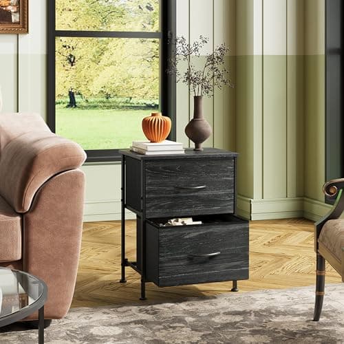 WLIVE Night Stand, Small Dresser with Drawers, Dresser for Bedroom with 2 Fabric Drawer, Black Bedside Table End Table, Dorm Nightstand, Closet Organizer, Charcoal Black Wood Grain Print 7