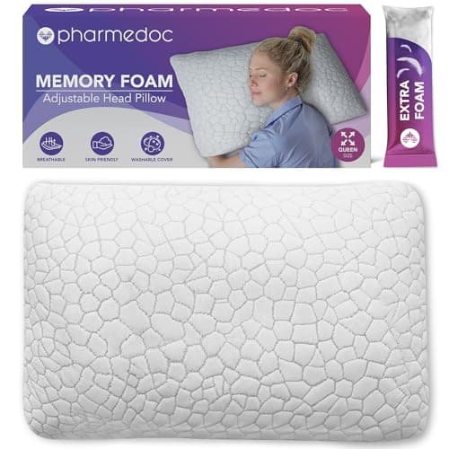 Pharmedoc Adjustable Shredded Memory Foam Bed Pillow - Perfect for Side Sleeper - Rectangular - Neck Support for Pain Relief - Queen Size - Extra Filling Pack