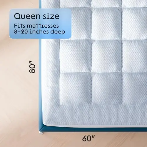 Niagara Cooling Mattress Topper Queen - Premium Nylon Fabric Mattress Pad - Thick Breathable Pillow Top Mattress Pad for Back Pain Relief - Deep Pocket Fits 8-20 Inches Mattress (60x80 Inches), White 7