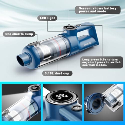 MONOZEL Handheld Vacuum Cordless - Car Vacuum Cleaner with Brushless Motor, 15000Pa Strong Suction with LED Light, Type C Port, 2 Fliters, Portable Hand Vacuum for Home, Pet and Car 7