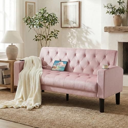 TYBOATLE 62" W Loveseat Sofa w/ 2 USB Charger Ports and 2 Cupholders, Mid-Century Modern Tufted Pink Velvet Small Love Seat Couches for Compact Living Room, Bedroom, Apartment, Dorm