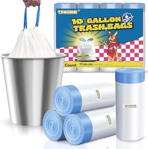 T.FORING 10 Gallon Trash Bags Drawstring 1.2 Mil - White Garbage Bags Unscented,37.8 Liter Strong Can Liners for Kitchen Home Office Bathroom,52 Count
