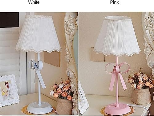 LTTKLMP Nordic White Pink Table Lamp for Girl's Bedroom Single Cute Bow Table Lamp with Fabric Shade Modern Decorative Bedside Light Coastal Bedside Table Kids Bedroom Reading Desk Lighting 4