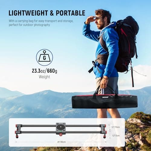 NEEWER 24in/60cm Carbon Fiber Camera Slider with 360° Ball Head/Phone Clamp/Action Camera Mount, Dolly Rail Track with 4 Bearings & Adjustable Legs, Compatible with GoPro Insta360 iPhone Android, CS2M 7