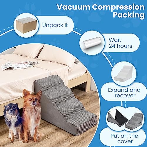 PAWSCRAT Dog Stairs 4 Steps, 19.6 inch High Pet Stairs, 30D Foam Dog Dtairs & Steps Curved Steps and Small Step Angle Protect Your Pet's Joints, Dog Steps for Small Dog, Dog Stairs to Bed, Gray 7