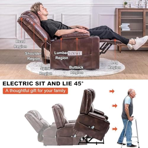COMHOMA Power Lift Recliner for Elderly,Lift Chair with Heat and Massage,PU Recliner Sofa with Timing Function 2 Side Pockets,Cup Holders and Infinite Position for Living Room (Brown) 5