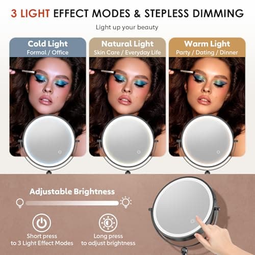 ZLOKLA 9" Wall Mounted Lighted Makeup Mirror,4000mAh Rechargeable Double Sided 1X/20X Magnifying Mirror with Light,Touch Dimmable,Extended Arm 360 Rotation Wall Mounted Makeup Mirror 3 Color Lights-B 6