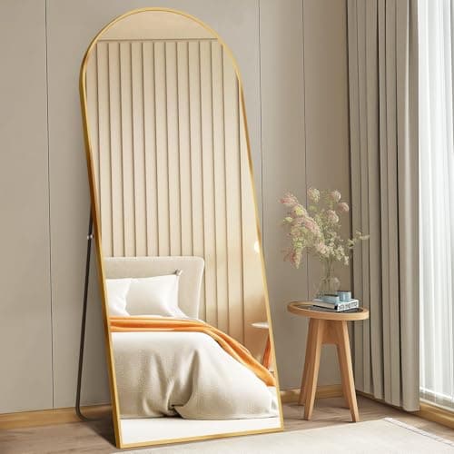 DUMOS 63.6"x20.6" Arched Full Length Mirror with Stand Floor Free Standing Aluminum Frame for Bedroom Body Hanging Leaning Modern Simple Home Decor Shatter-proorf Nano Glass Wall, Gold-Rounded 8