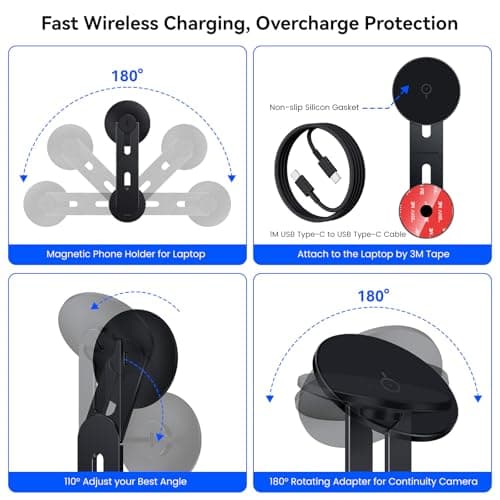 MAGDIGITEH Laptop Phone Holder, Magnetic Phone Stand 15W Fast Wireless Charger for MagSafe for iPhone 17/16/15/14/13/12 & All Phones for Tesla (Black) 7