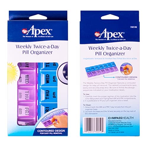 Apex Weekly AM/PM Medication Dispenser, 7-Day Twice-A-Day Pill Organizer with Easy-Open Lids (Color May Vary) 11