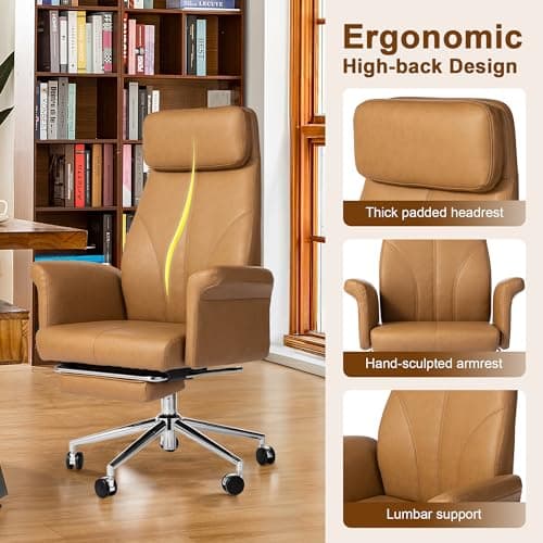 Glitzhome Ergonomic Office Chairs with Footrest, Mid-Century Modern Desk Chair, PU Leather Office Chair with Lumbar Support and Armrest, Gaslift Adjustable Swivel Reclining Office Chair, Camel 5