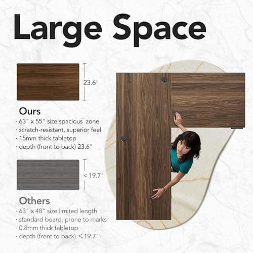 HUANUO Electric L Shaped Standing Desk, 63″x55″ Height Adjustable Corner Computer Desk with 2 Under Desk Drawers & Open Storage Sapce, Sit Stand Up Table with Power Strip Tray & Cable Grommets, Walnut 8