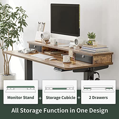 FEZIBO 48 x 24 Inch Height Adjustable Electric Standing Desk with Double Drawer, Stand Up Table with Storage Shelf, Sit Stand Desk, Rustic Brown 6