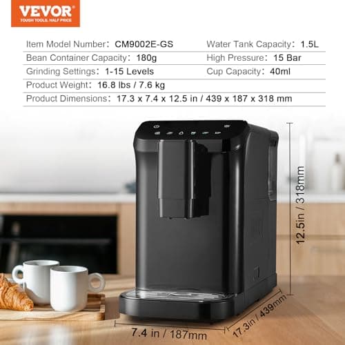 VEVOR Automatic Espresso Machine - Built-In Grinder, 15 Bar Auto Coffee Machine with 15-Level Grinding Settings, Professional Espresso Coffee Maker with 1.5L Water Tank and 180g Bean Hopper 7