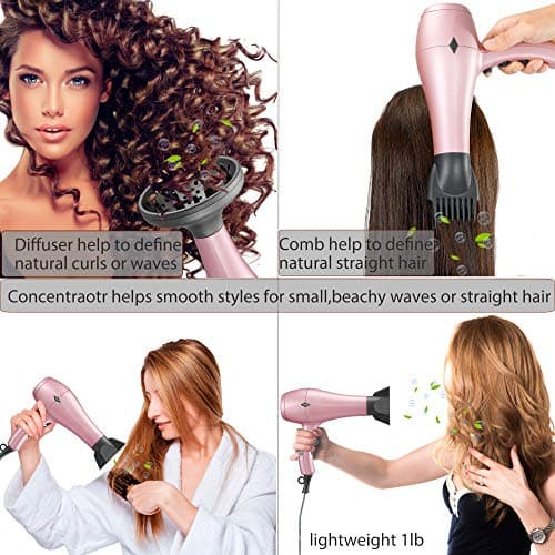 NITION Negative Ions Ceramic Hair Dryer with Diffuser (Large Size 5.3 inch) Attachment,Ionic Blow Dryer Quick Drying,1875 Watt 2 Speed / 3 Heat Settings,Cool Shot Button,Lightweight,Rose Pink 5