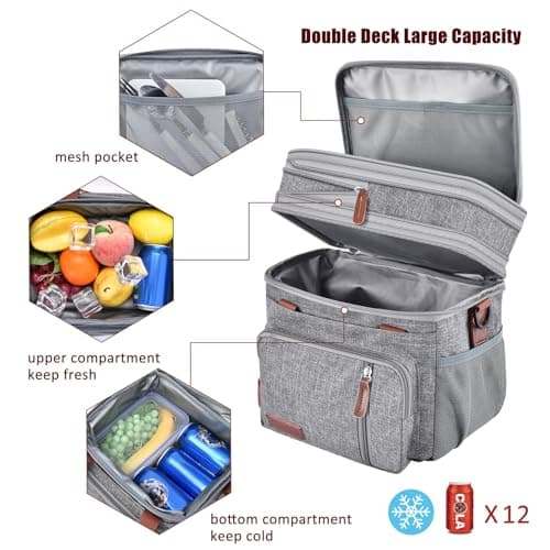 MIYCOO Lunch Bag & Lunch Box for Women Men, Double Deck Leakproof Insulated Soft Large Adult Camping Cooler bag for Work, Beach, Picnic, Travel (Grey, 15L) 5