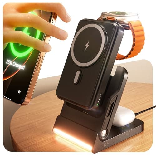 Magnetic Power Bank with MagSafe, 10000mAh Portable Battery Pack for iPhone 17, 5 in 1 Foldable Charging Station with iWatch Charger for i Phone 17/16/15/14&AirPods, Wireless Travel Gift for Men&Women