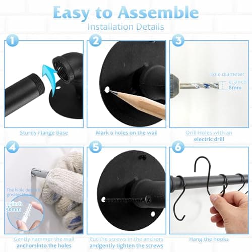 Boshangjia Pot Pan Rack Wall Mounted Set of 2, 21" Industrial Pipe Utensils Hanger Holder Pots Storage Organizer Iron Detachable Hanging Rail for Kitchen with 10 S Hooks… 6