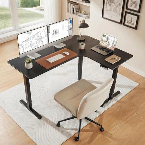 HUANUO 63″ Dual Motor L-Shaped Standing Desk, Built-in Power Outlets, Electric Height Adjustable Corner Computer Desk, Large Power Strip Holder, Sit Stand Up Desk with 3 Preset Heights, Black 8
