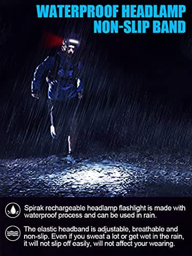 Spriak LED Headlamp Flashlight, 1000lumens 230° Broadbeam Headlight, USB Rechargeable Head Lamp with Red Taillight, Lightweight Waterproof Headlamps for Camping Running Hiking, Hard Hat Headlamp 7