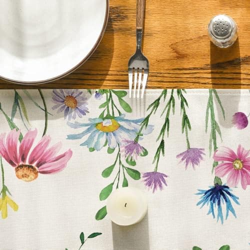 Artoid Mode Daisy Eucalyptus Lavender Floral Leaves Summer Table Runner, Spring Kitchen Dining Table Decoration for Home Party Decor 13x72 Inch 7