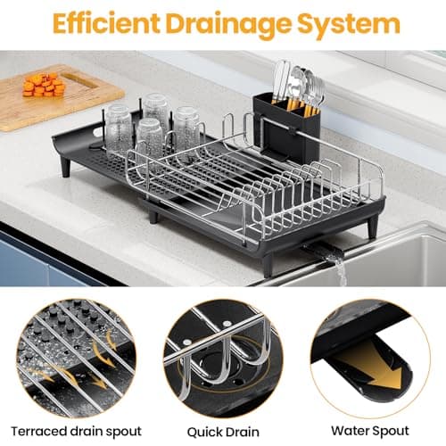 TOOLF Expandable Dish Rack, Dish Drying Rack for Kitchen Counter, Foldable Dish Dryer Rack, Stainless Steel Dish Drainer Racks with Cutlery Holder, Collapsible Dish Drying Racks Large Size,Black 5